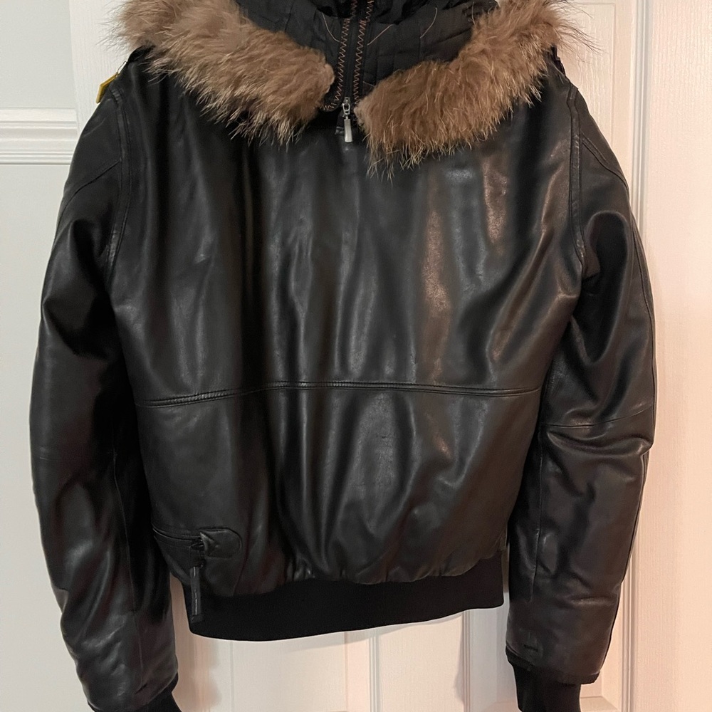 Parajumpers Black Leather Bomber Jacket with Fur Trim